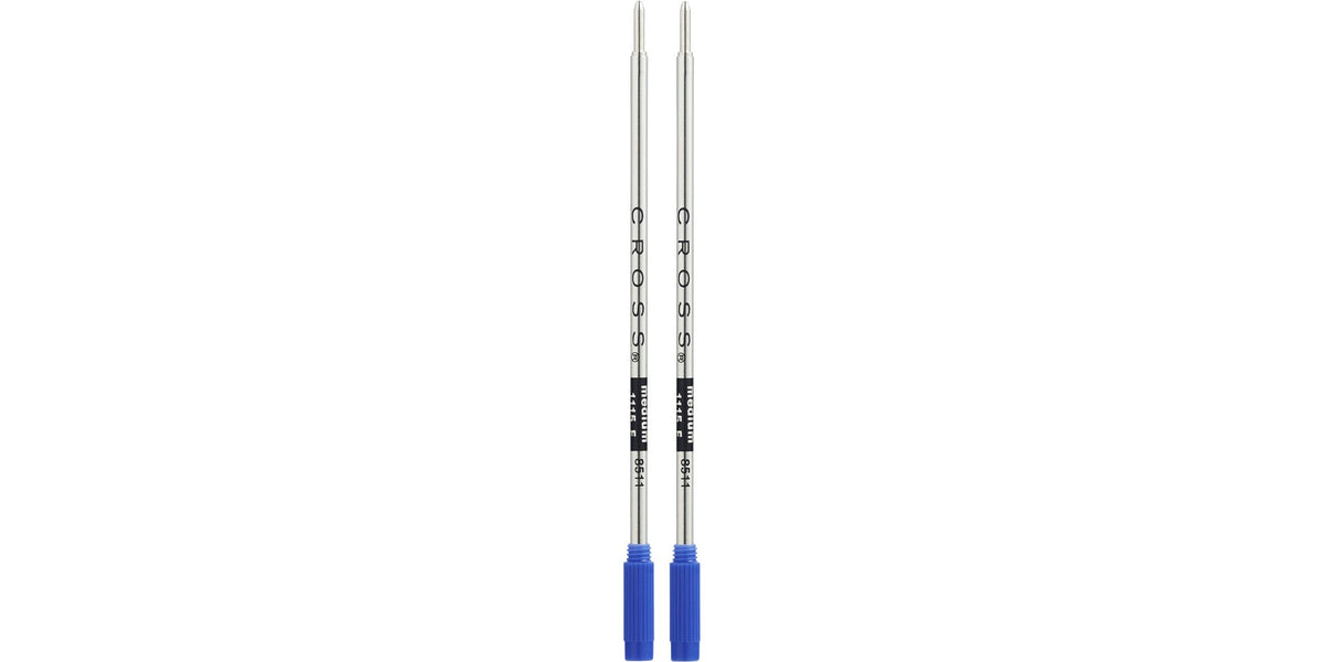 Two ballpoint pen refills with blue end caps and clear barrels, medium, dual pack