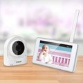 White Wi-Fi baby video monitor with camera unit and tablet screen showing baby