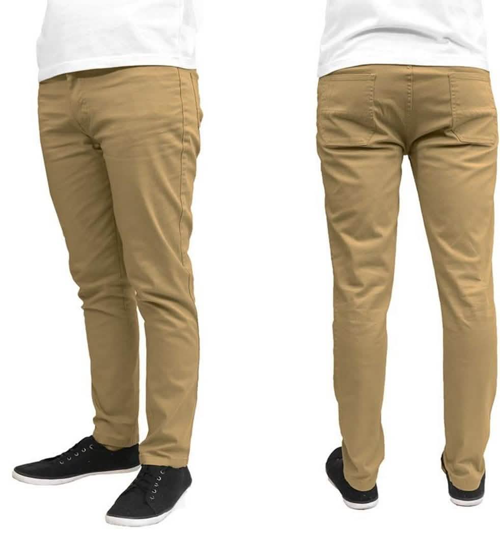 Men's slim-fit cotton stretch chinos in tan khaki, flat front with belt loops