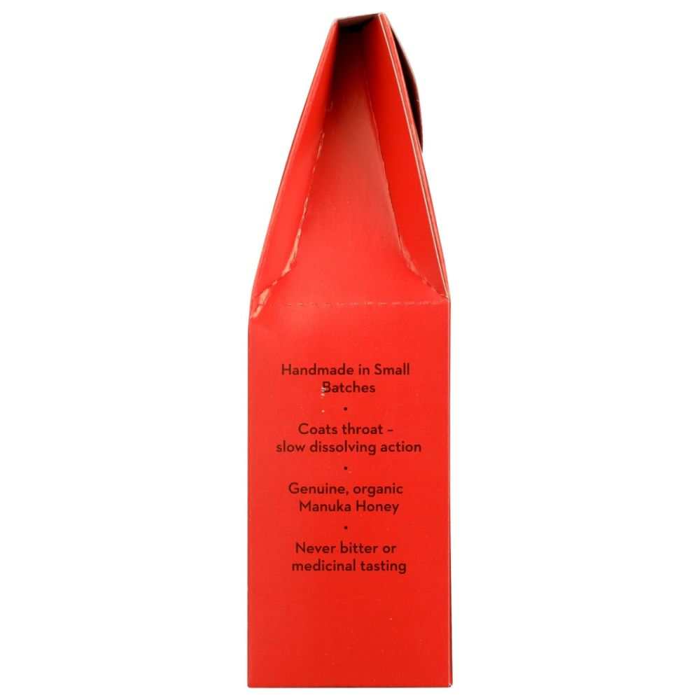 Wedderspoon organic Manuka honey drops carton side, red with text