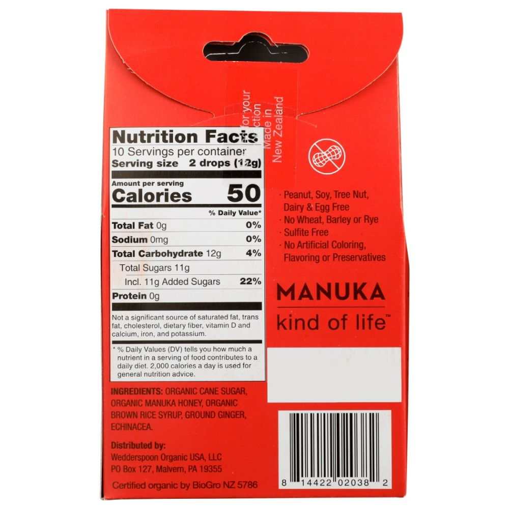Wedderspoon Manuka honey drops ginger nutrition facts panel