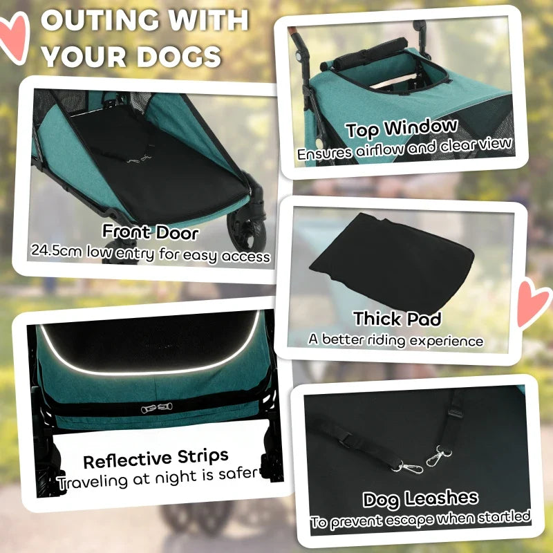 Teal dog stroller with front door opening, top window, and mesh panels