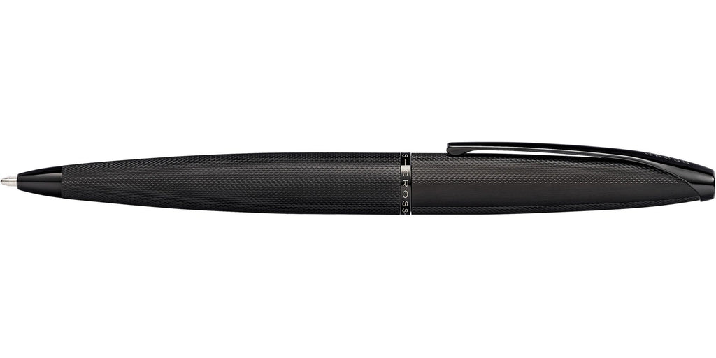 Black ballpoint pen side view with end cap and clip detail