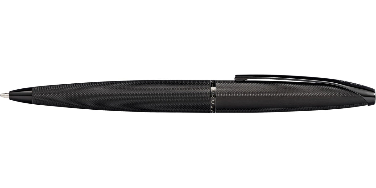 Black ballpoint pen side view with end cap and clip detail