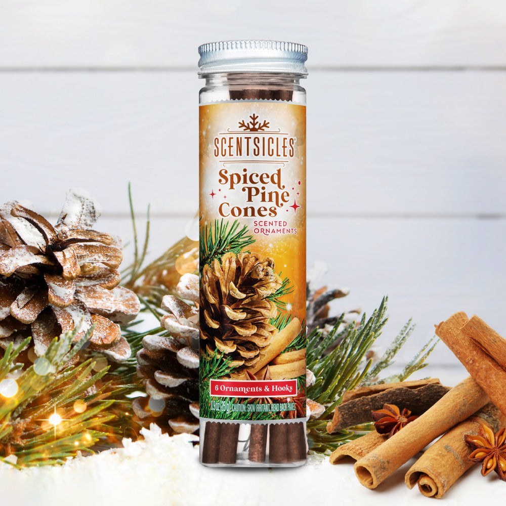 Scented pinecone ornament cylinder with pinecones and cinnamon sticks