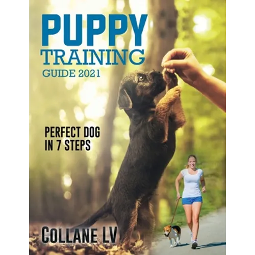 Paperback puppy training guide with puppy photo and title text 'Perfect Dog in 7 Steps'.