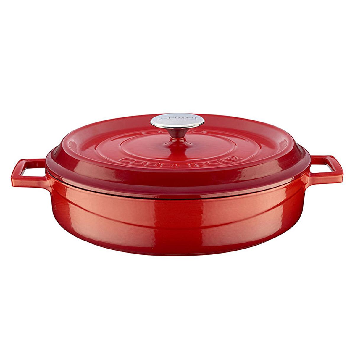 Red enamel cast iron round pot with domed lid and side handles