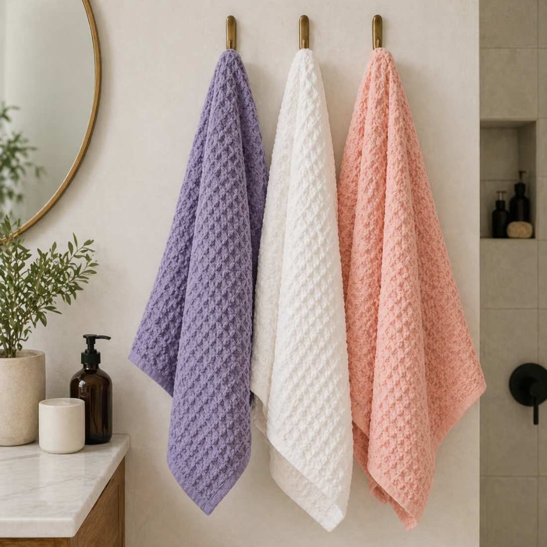 Waffle weave bath towels hanging on hooks: purple, white, and coral