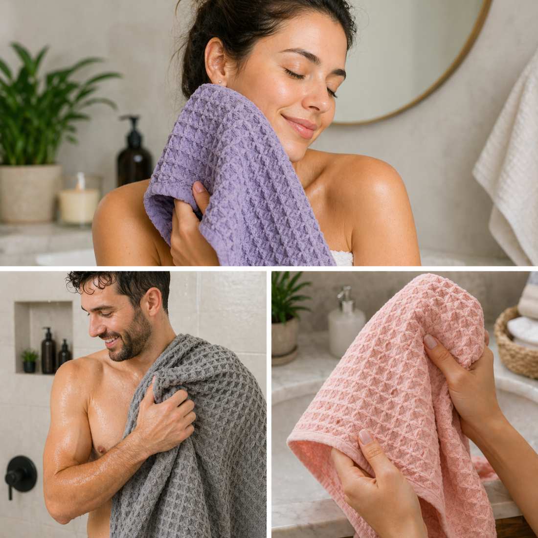Waffle weave bath towel in purple held by a person, folded over
