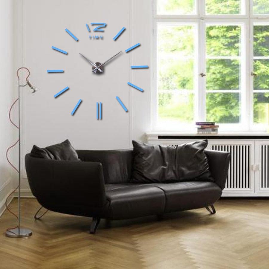 Blue 3D wall clock sticker with stick markers, 'TIME' text, and silver hands