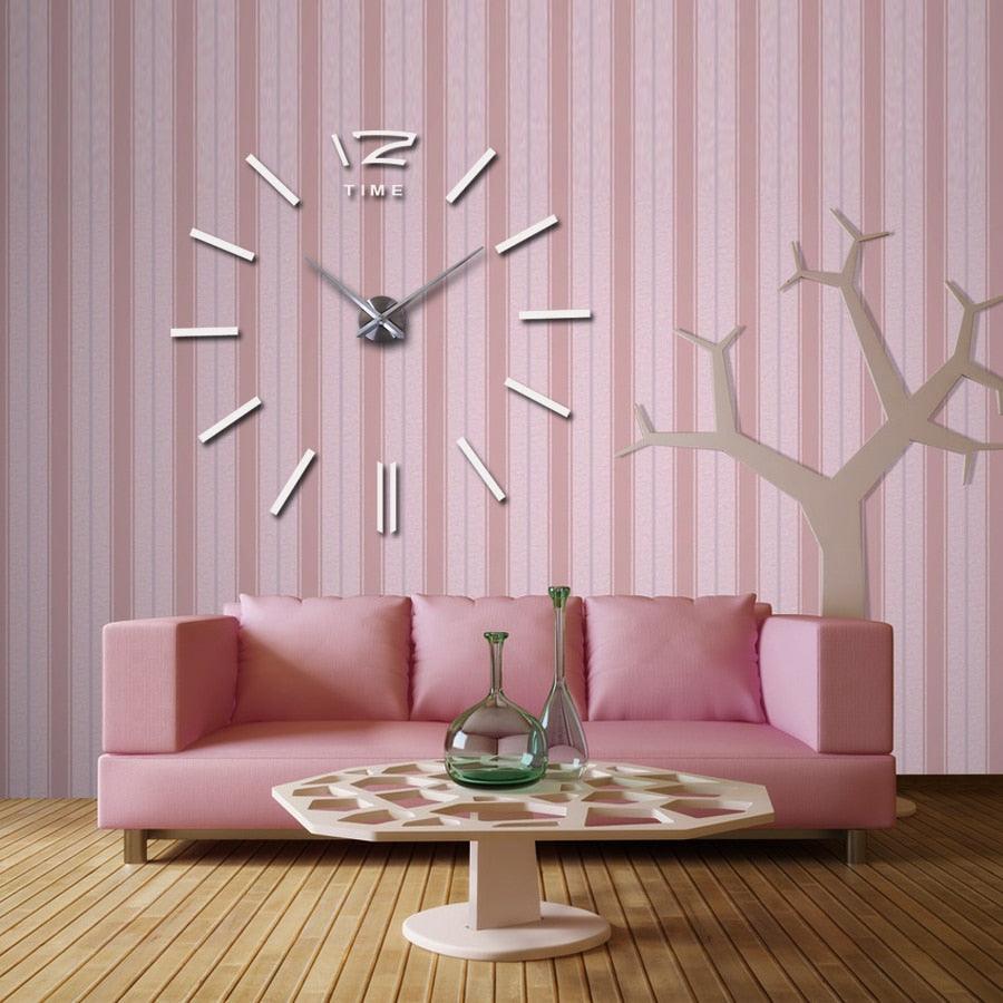 Silver-tone 3D frameless wall clock sticker with stick markers and 'TIME' hands
