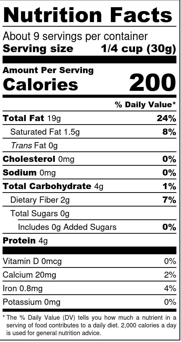 Nutrition facts label for walnuts, about 9 servings per container
