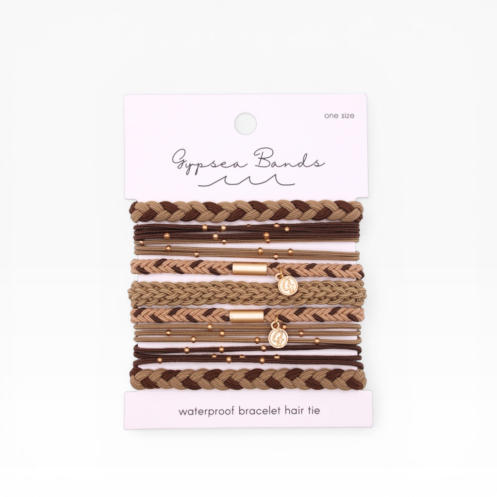 Braided brown hair tie bracelets with gold beads and coin charms, one size