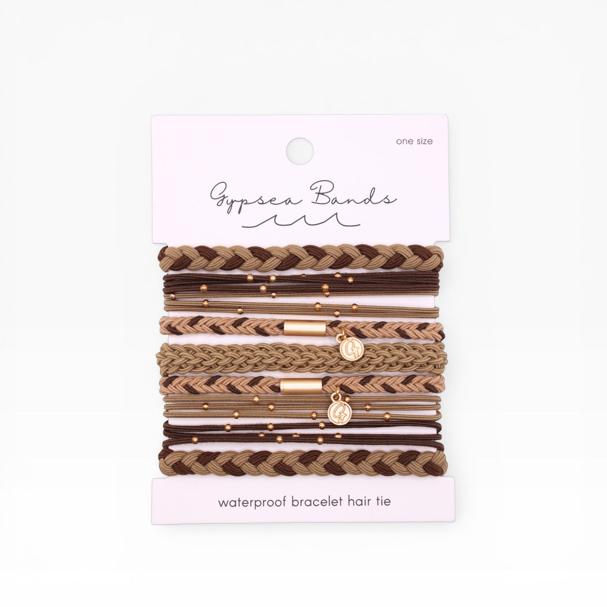 Braided brown hair tie bracelets with gold beads and coin charms, one size