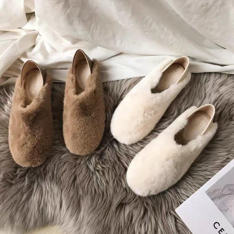 Beige and brown faux-fur loafers, round toe slip-on house slippers