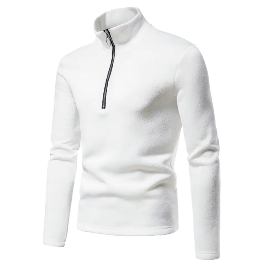 White quarter-zip knit sweater with stand collar and long sleeves