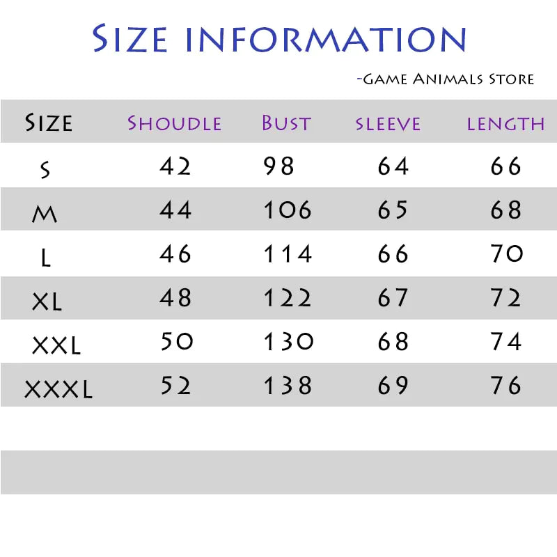 Sweater size chart table with shoulder, bust, sleeve, and length measurements
