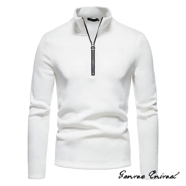 White knit half-zip sweater with stand collar and long sleeves