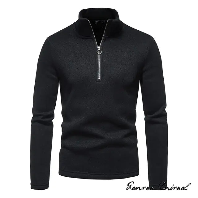Black quarter-zip knit sweater with stand collar and long sleeves