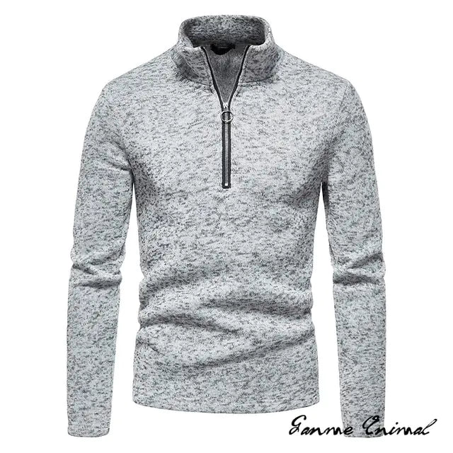 Light gray textured quarter-zip knit sweater with stand collar and long sleeves