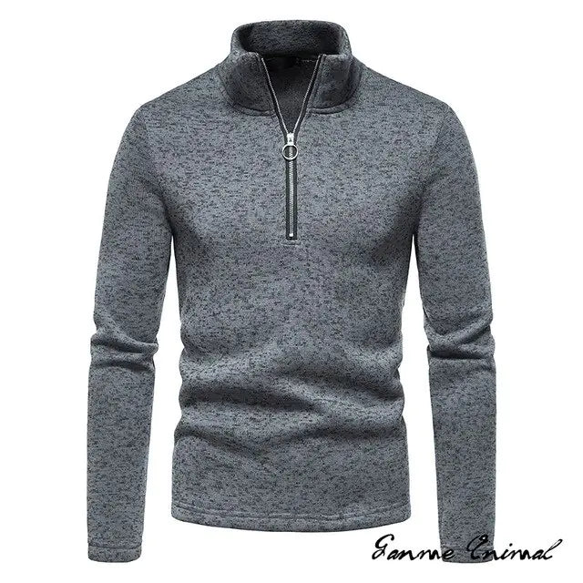 Dark gray textured quarter-zip knit sweater with stand collar and long sleeves