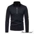 Black heather knit half-zip sweater with stand collar and long sleeves