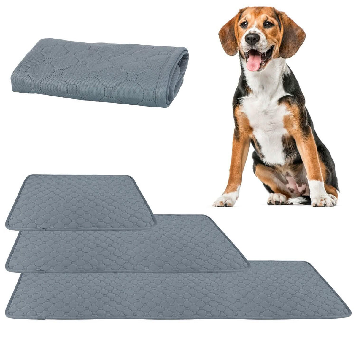 Reusable dog pee pad set in dark gray with hex-texture, folded and flat mats