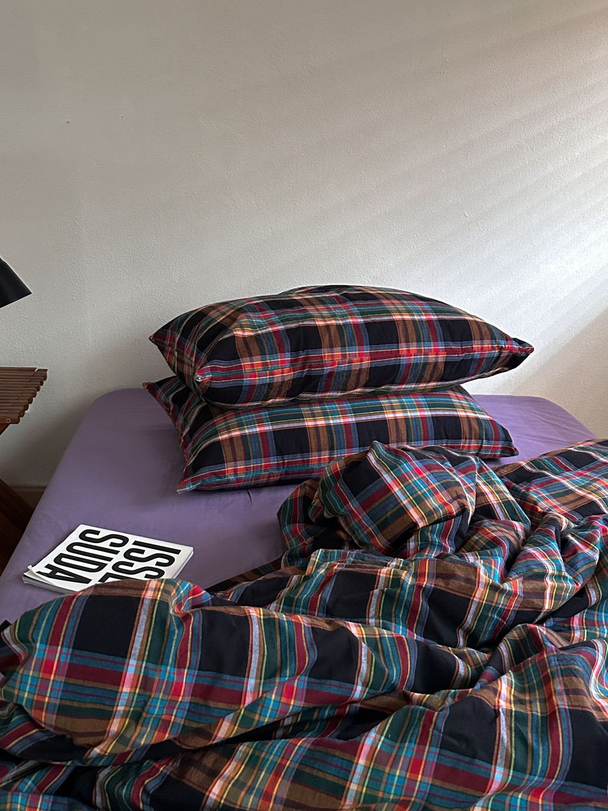 Dark tartan plaid duvet cover set with matching pillowcases, black red blue and teal