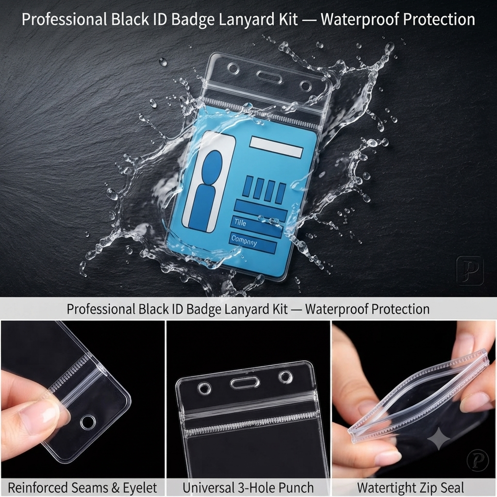 Waterproof badge holder sleeve with black lanyard strap and ID card pouch