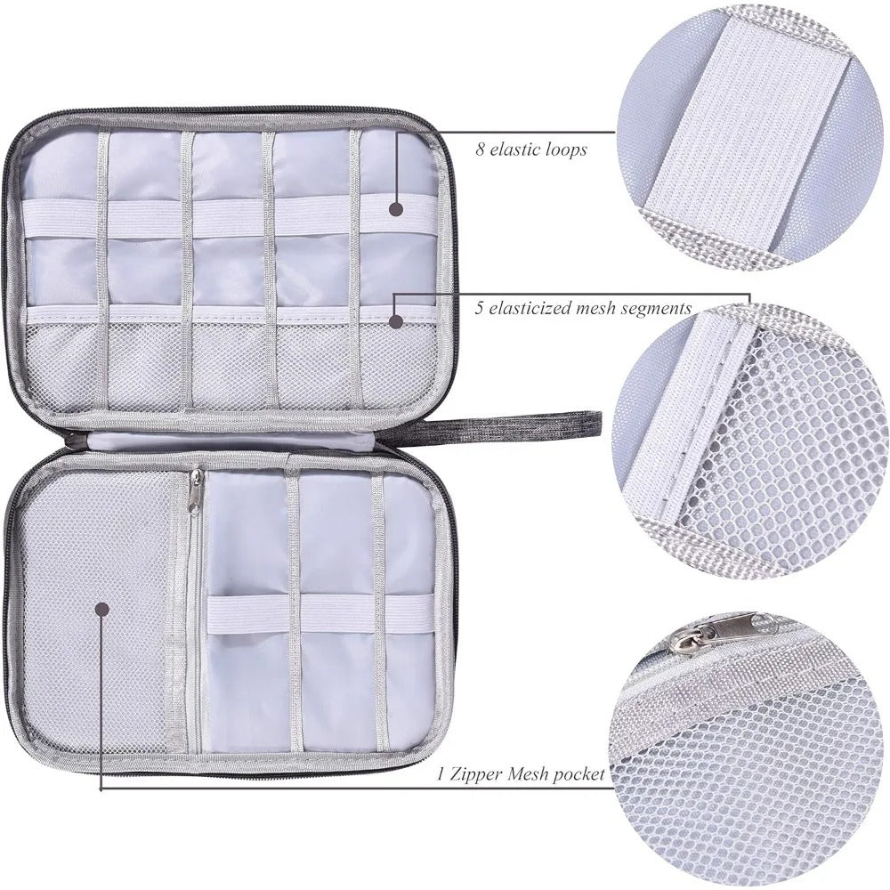 Light gray electronics organizer pouch open to show elastic loops and zippered mesh pocket
