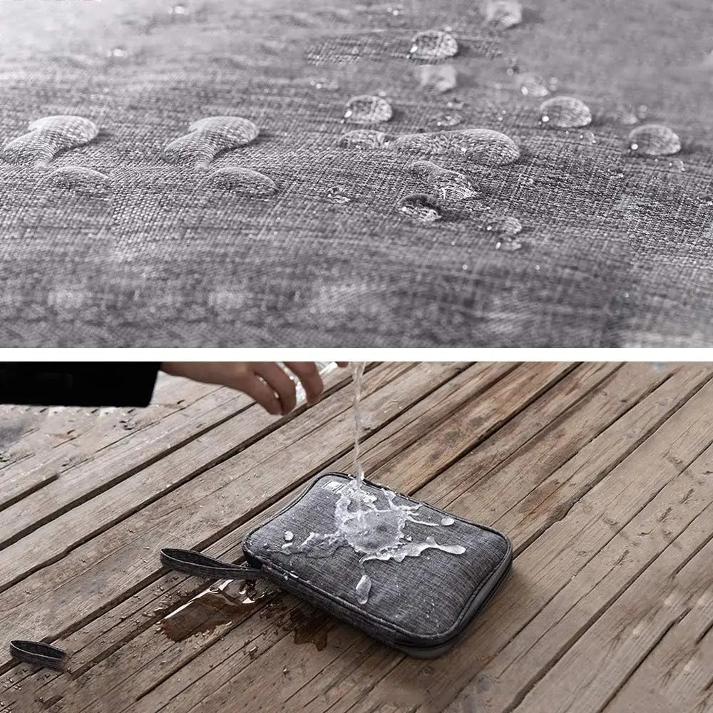 Grey waterproof electronics organizer bag fabric with water droplets beading on surface