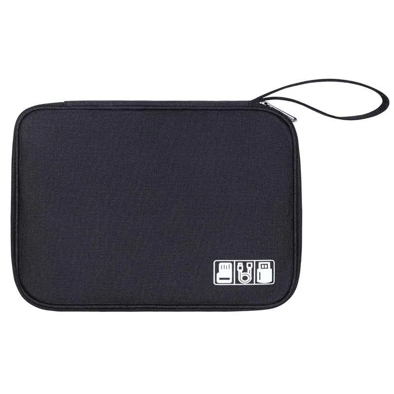 Waterproof electronics organizer bag, black zip pouch with wrist strap and tech icons