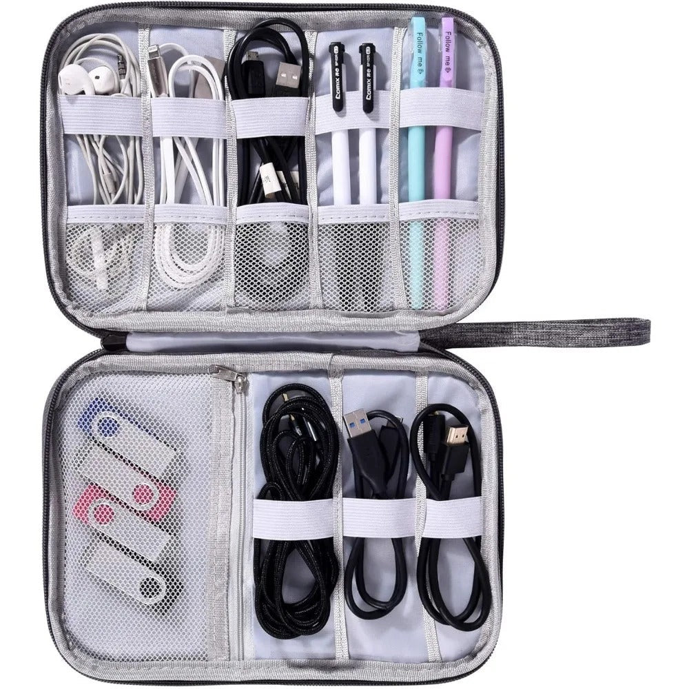 Gray electronics organizer bag open with elastic dividers for cords, adapters, and chargers