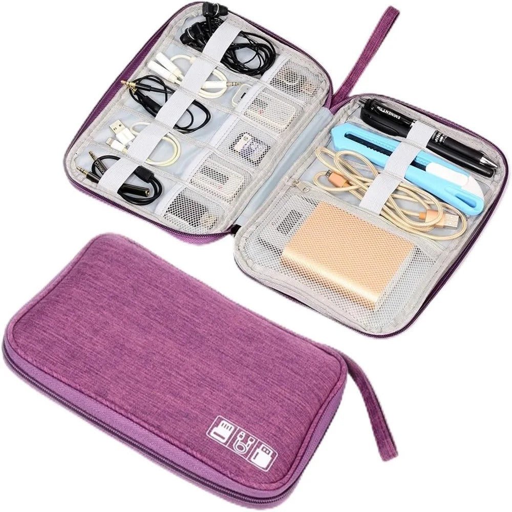 Purple waterproof electronics organizer bag open with clear mesh sections for cables and chargers