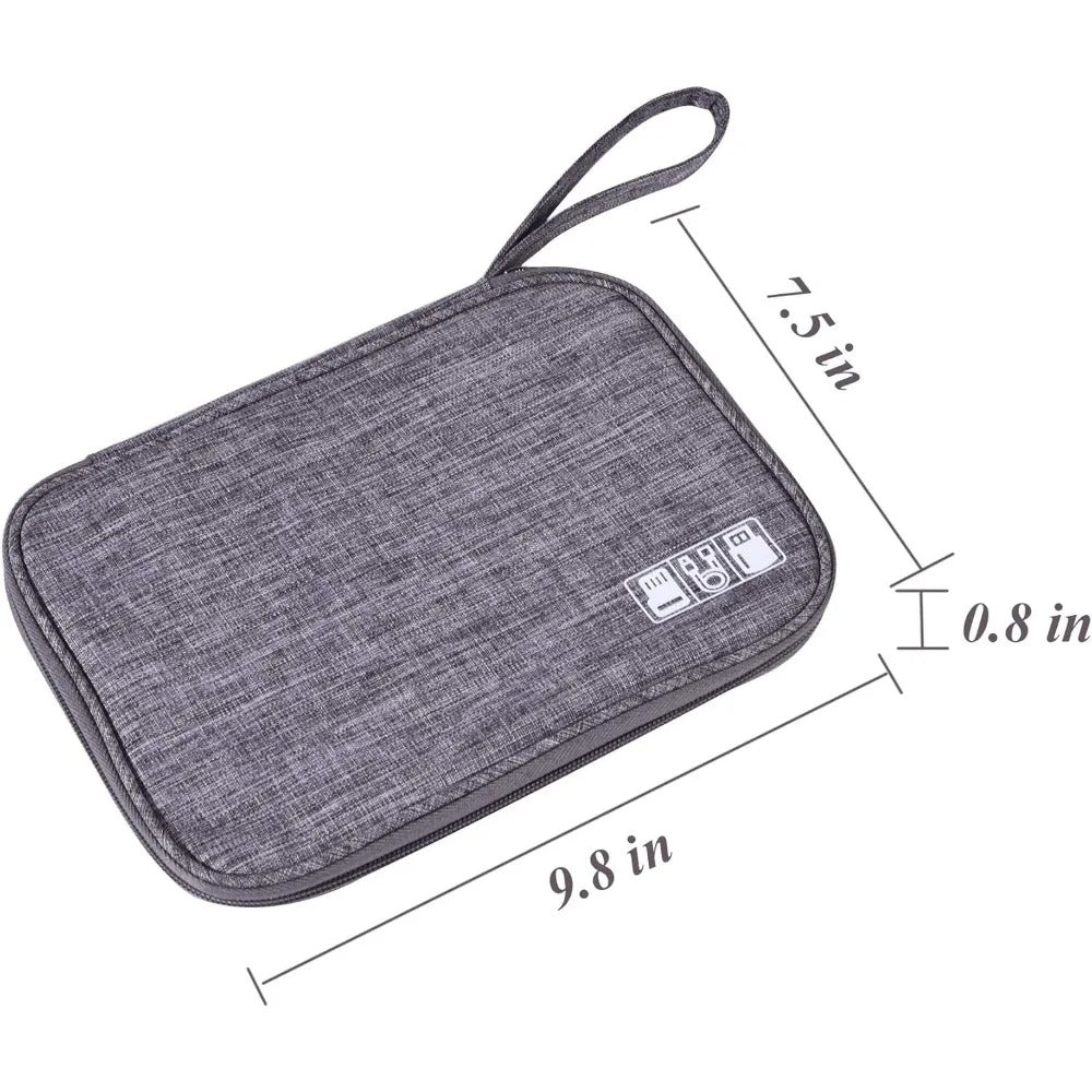 Grey cable organizer pouch with zipper, wrist strap, and labeled size dimensions