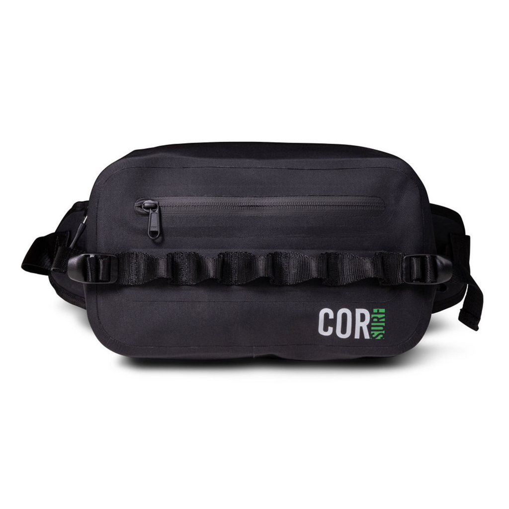 Black waterproof waist pack (2.5L) with front zip pocket and adjustable belt straps