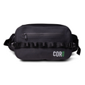 Black waterproof waist pack (2.5L) with front zip pocket and adjustable belt straps