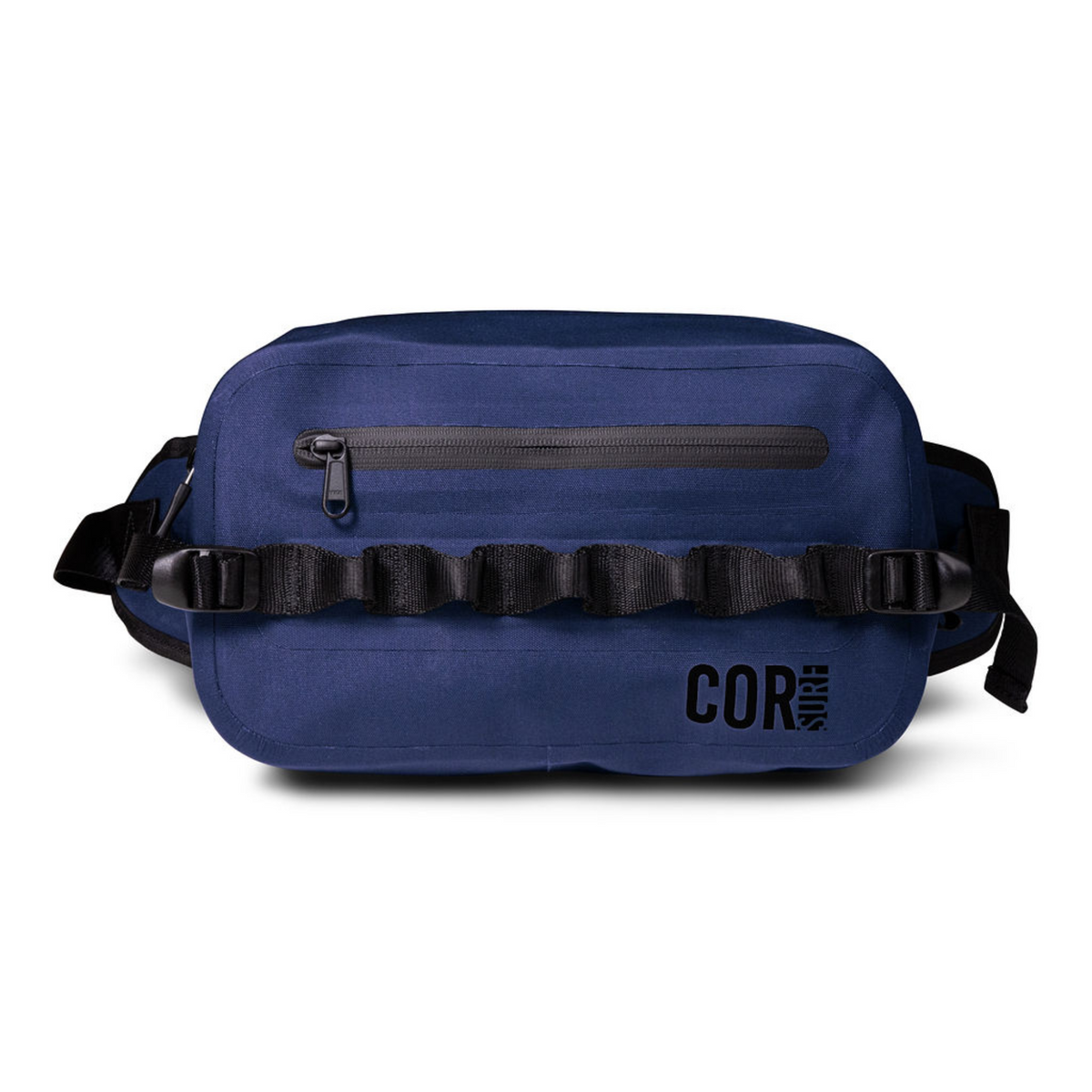 Blue waterproof waist pack (2.5L) with front zip pocket and adjustable waist strap