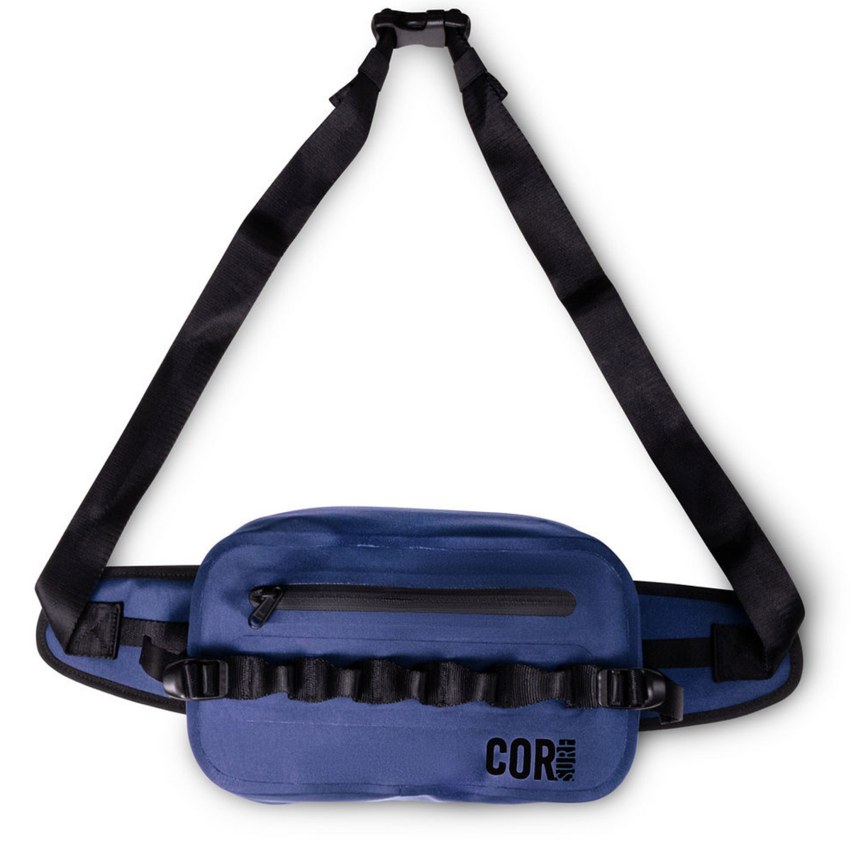 Blue waterproof waist pack (2.5L) with adjustable straps and textured back panel