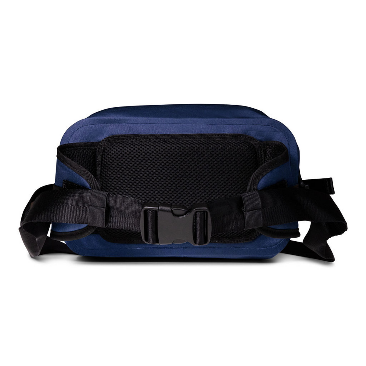 Blue waterproof waist pack (2.5L) with breathable mesh back panel and adjustable strap