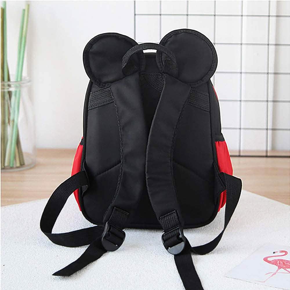 Mini mouse backpack back view with black straps and red side panels