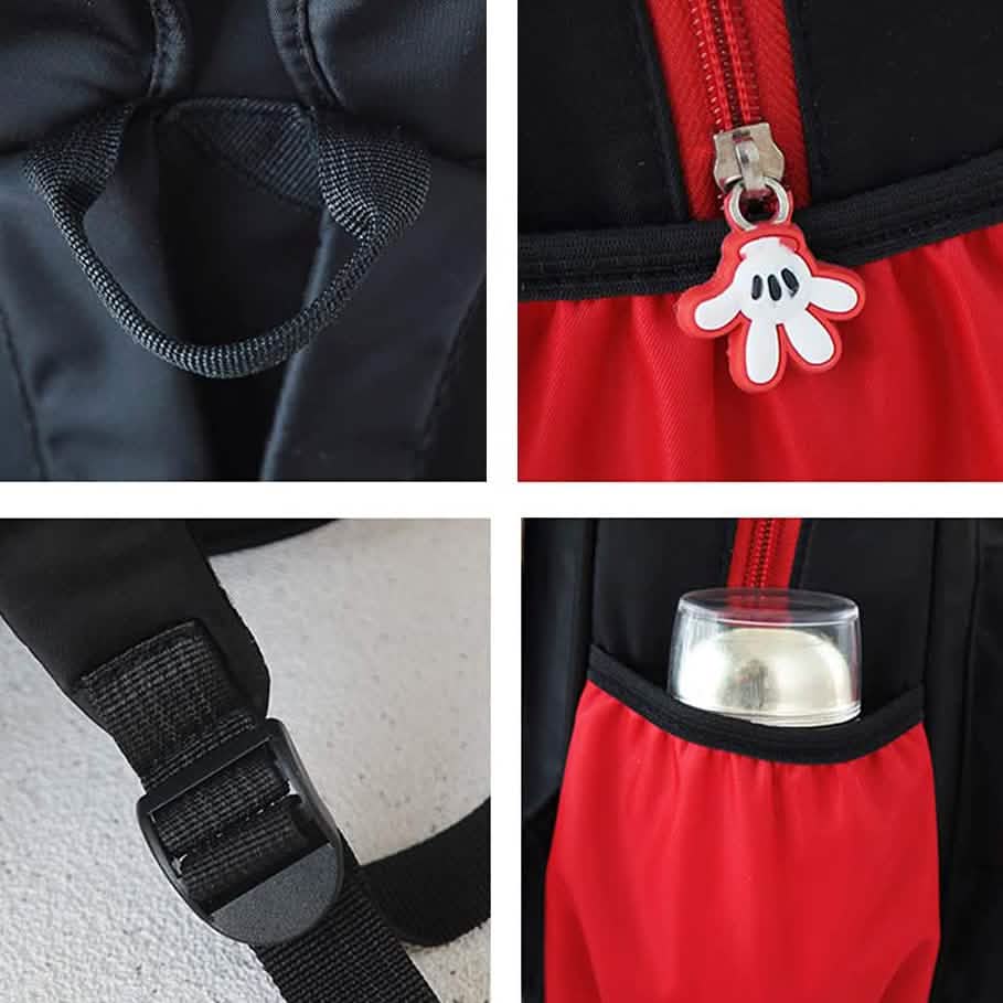 Mini mouse backpack details: webbing straps, zipper pull charm, and side drink pocket