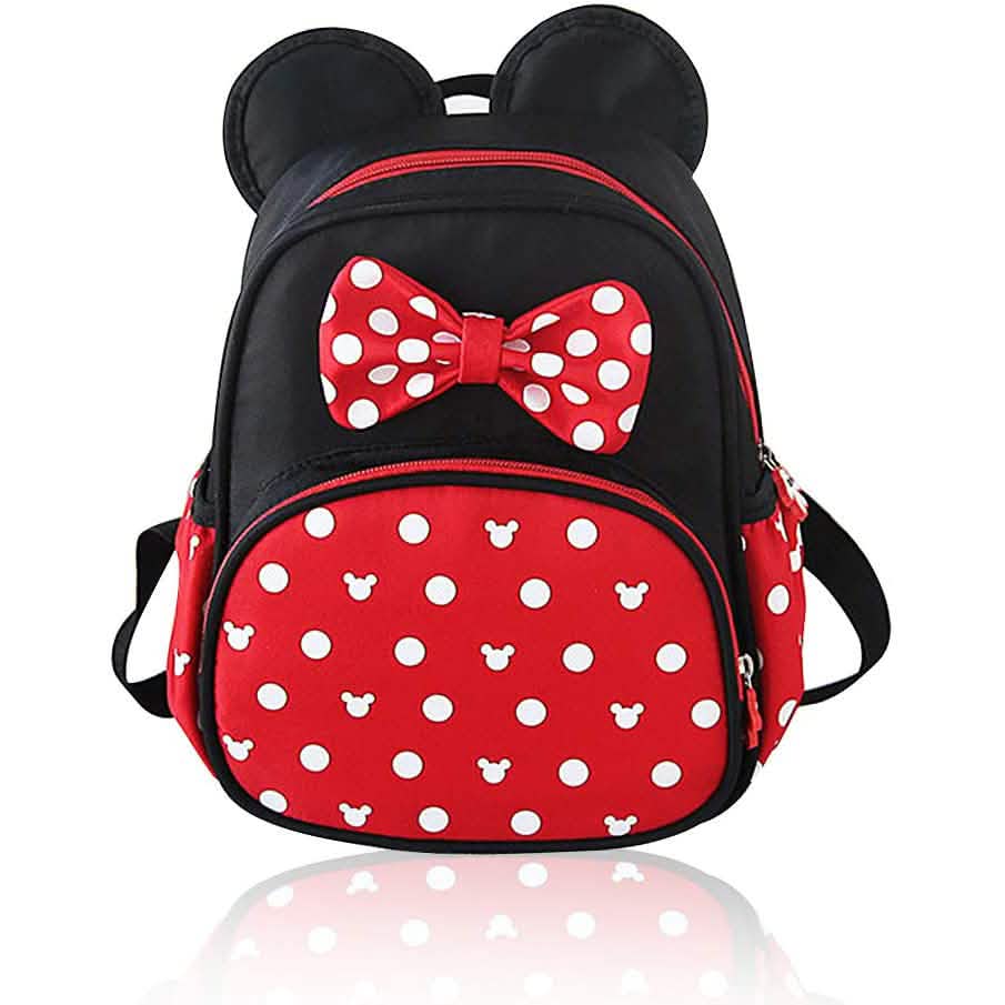 Mini mouse backpack with black ears, red bow, and red polka-dot front pocket