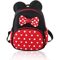 Mini mouse backpack with black ears, red bow, and red polka-dot front pocket