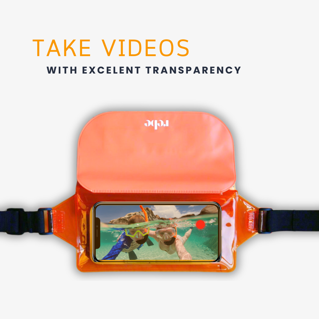 Waterproof phone dry bag pouch in orange with clear viewing window and front closure