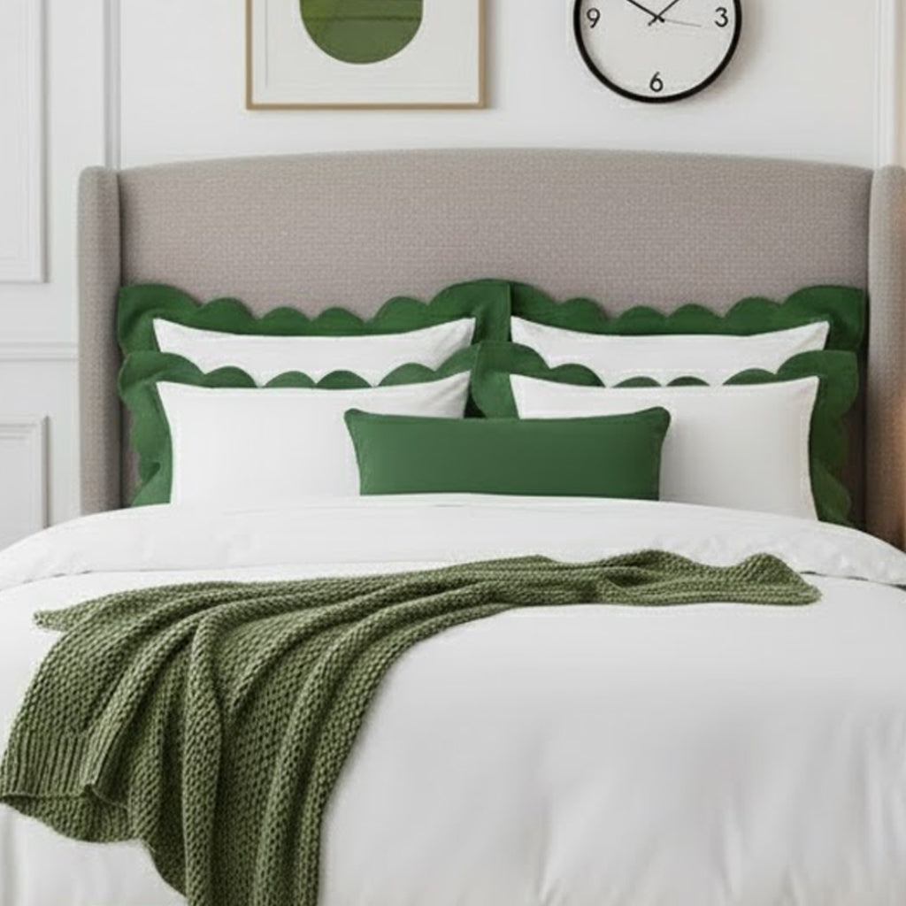 White cotton duvet cover set with green wavy applique scalloped border and two shams