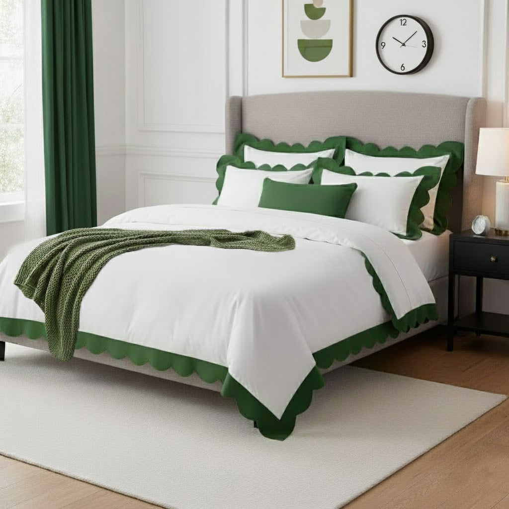 Cotton duvet cover set with green wavy applique scalloped border and matching pillows