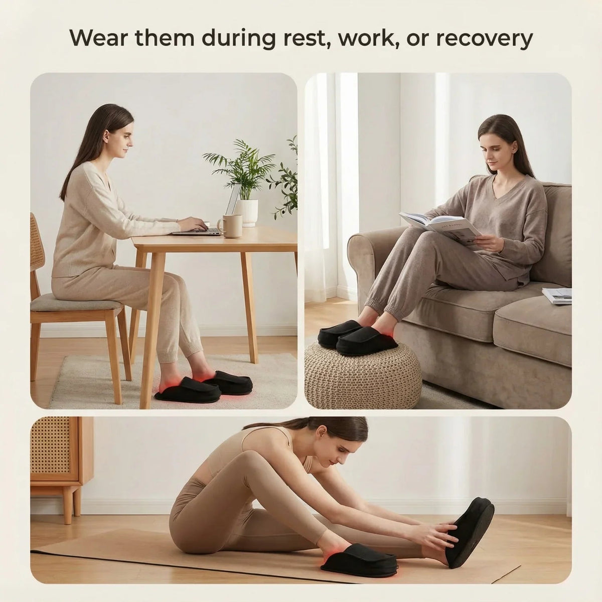 Black red-lit slippers being worn during home rest, work, or recovery