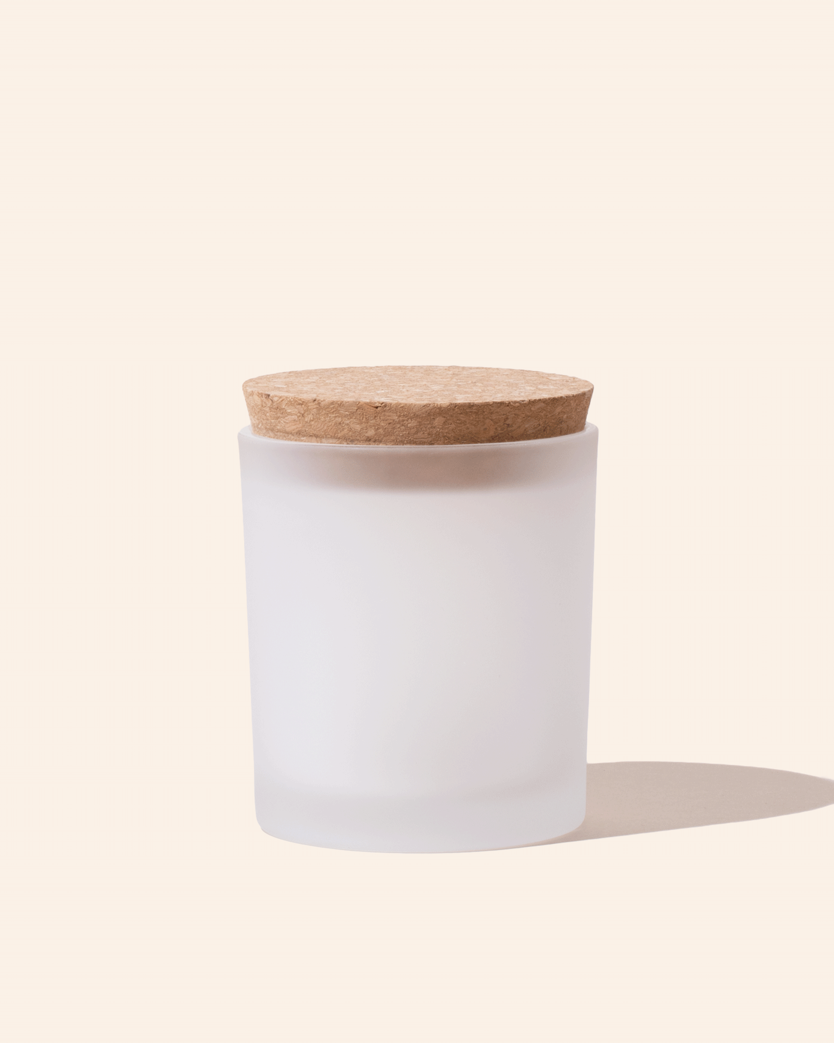 Frosted white 7oz candle vessel with round cork lid