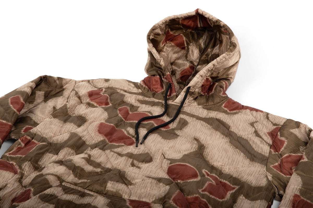 Woobie hoodie tan camouflage print with hood lining detail and black drawstring.